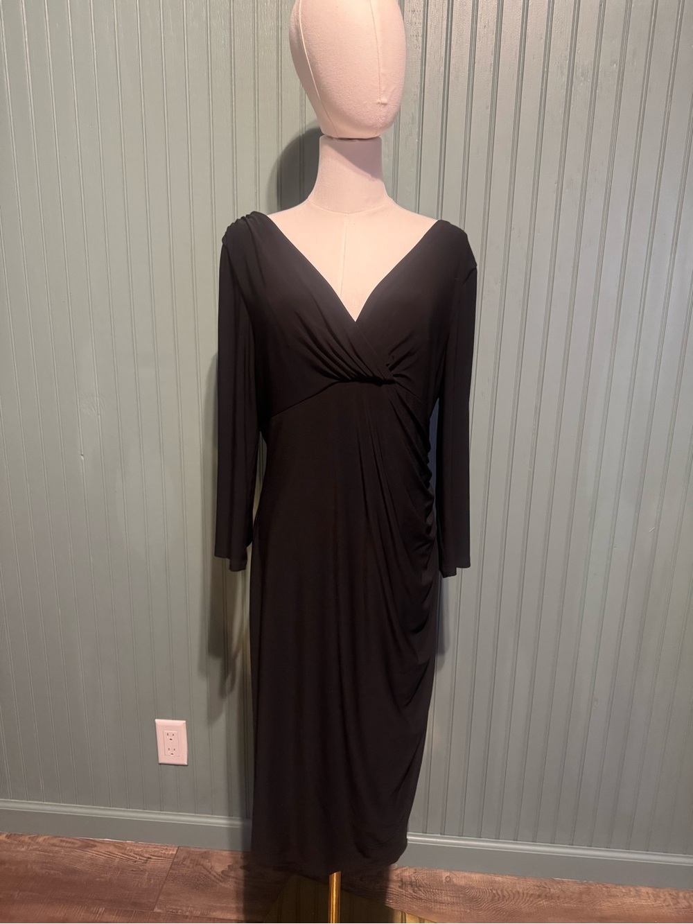 Lauren Ralph Lauren Black Long-Sleeve V-Neck Draped Midi Dress